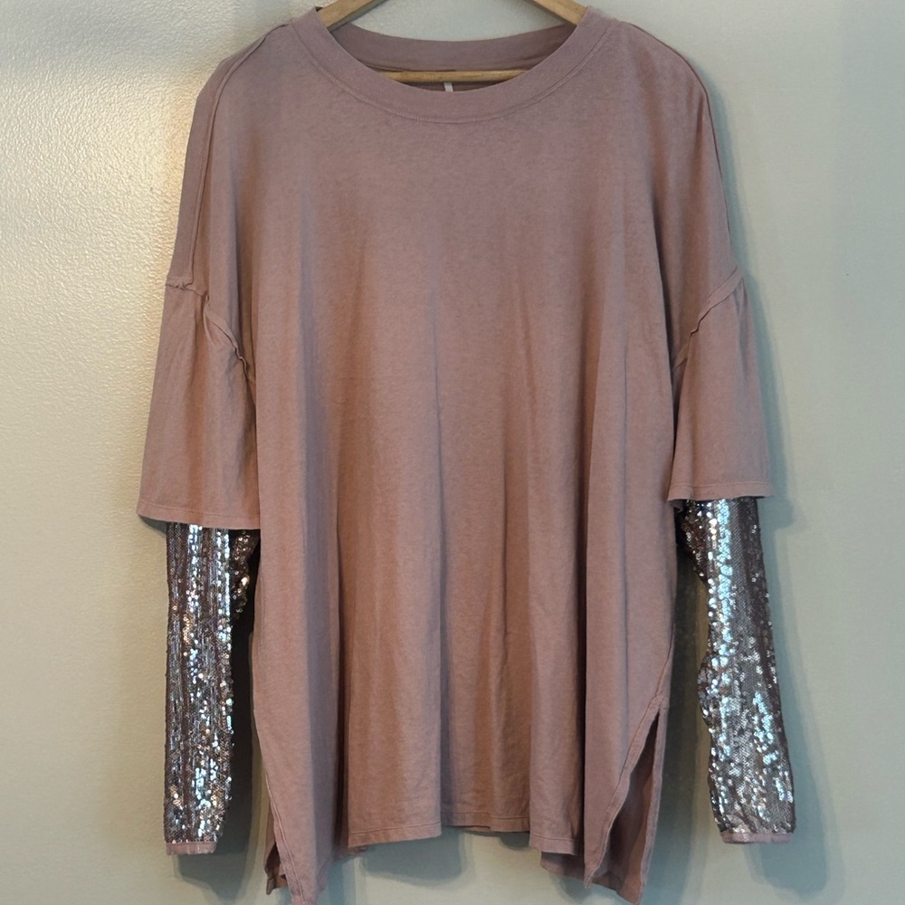 Free People Oversized Pink Sequin Sleeve Tee Boho Top Size S